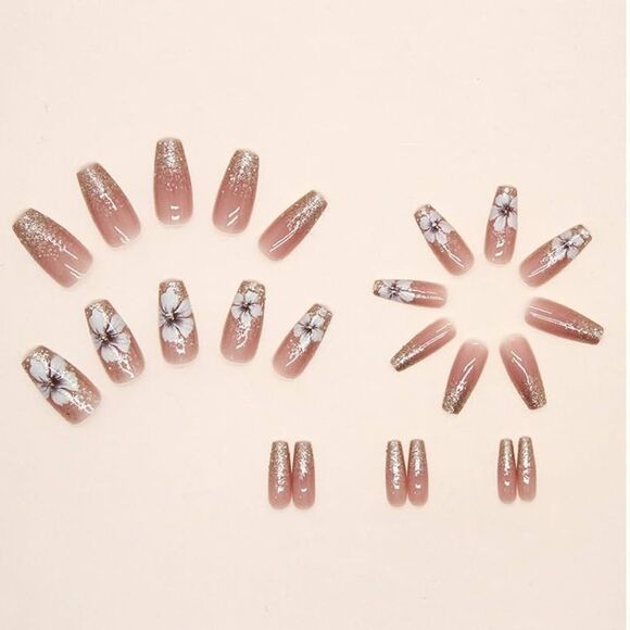 Elegant Floral Press-On Nails with Gold Glitter - Picture 2 of 5